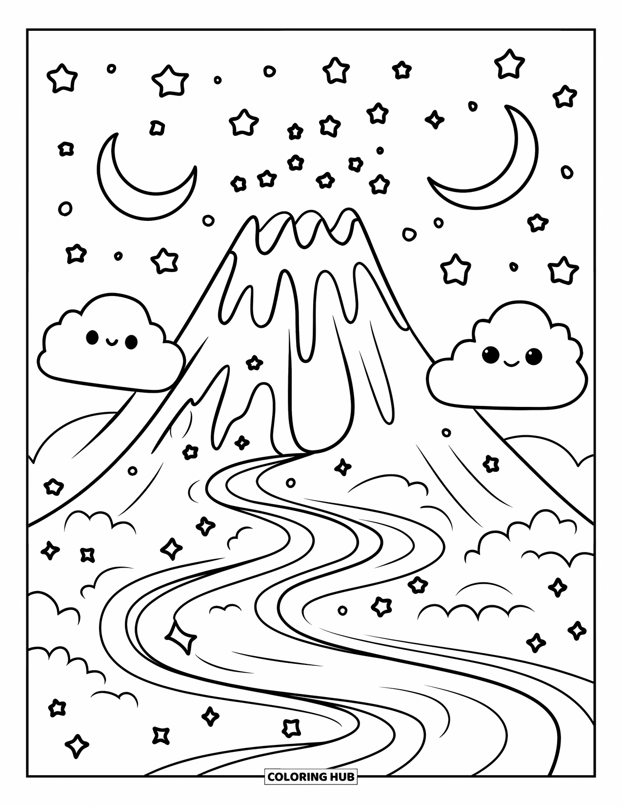 Volcano Coloring Page for Adults: A dreamy volcano with curvy lava flows rests beneath crescent moons and twinkling stars