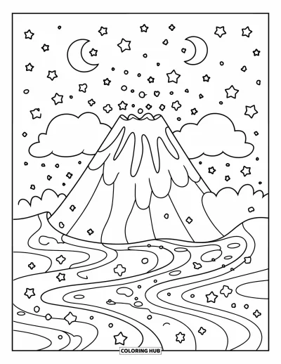 Coloriage de volcan pour adultes : Un volcan rougeoyant est assis sous un ciel étincelant, surveillé par deux nuages potelés
