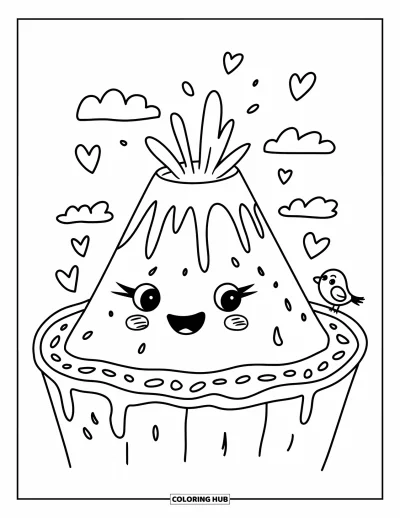 Coloriage de volcan pour adultes : Un volcan joyeux avec des cœurs flottants et de douces coulées de lave sourit tandis qu’un minuscule oiseau regarde