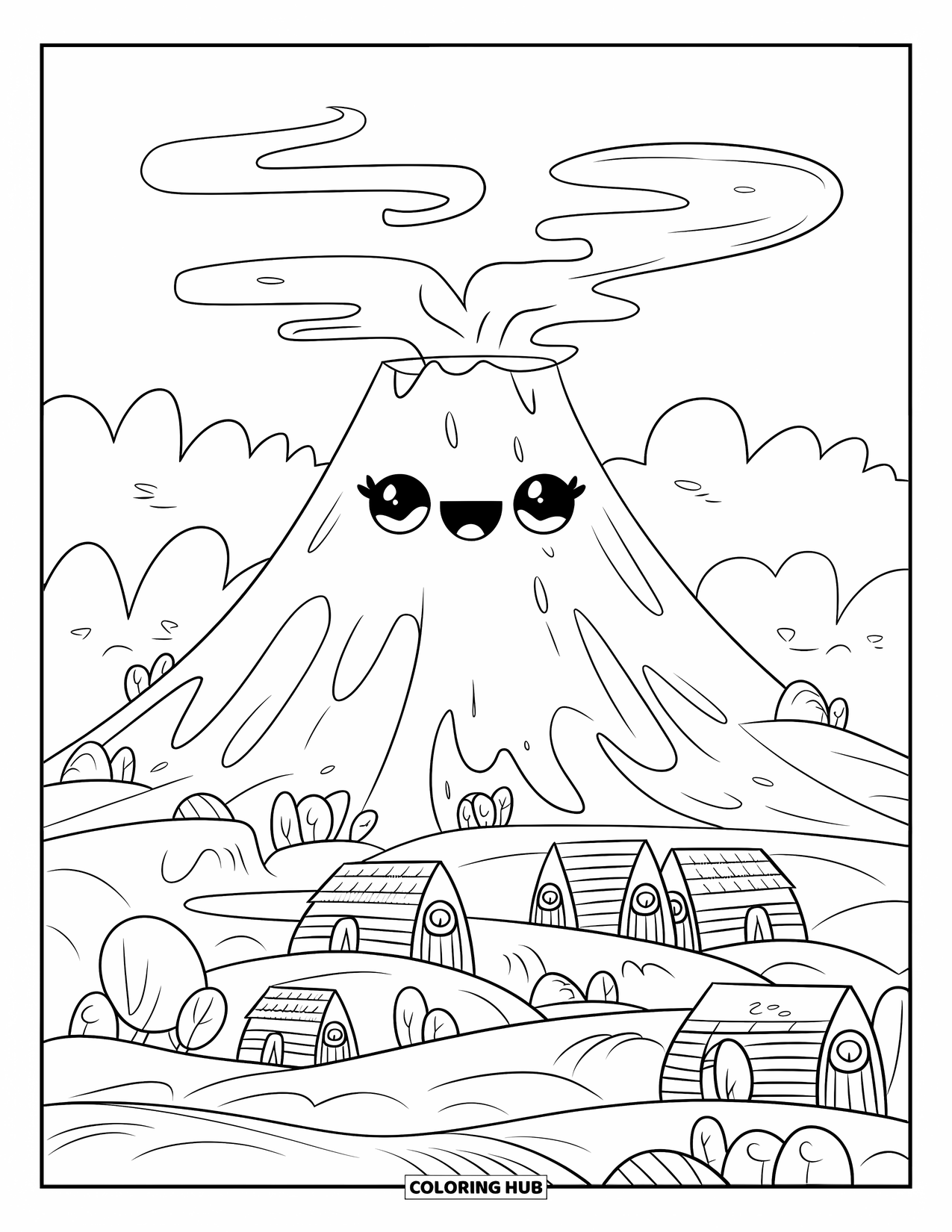 Volcano Coloring Page for Adults: A happy volcano with swirling smoke watches over a cozy village with small trees and bushes