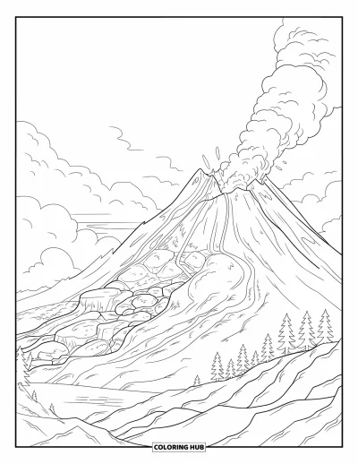 Coloriage de volcan pour adultes : Un volcan très détaillé entre en éruption dans un paysage rocheux, avec de la fumée tourbillonnante sous un ciel nuageux