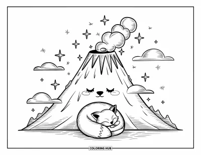 Coloriage de volcan pour adultes : Un volcan de style kawaii somnole sous un ciel étoilé tandis qu’un minuscule renard fait la sieste à sa base