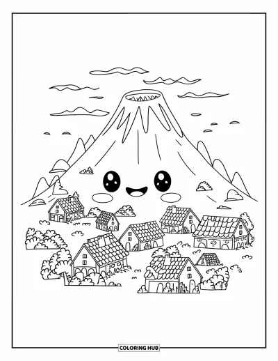 Coloriage de volcan pour adultes : Un volcan kawaii avec un petit village à sa base, entouré d’arbres et de nuages gonflés