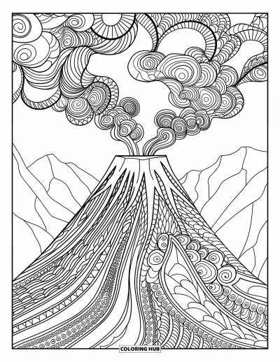 Coloriage de volcan pour adultes : Un volcan d’inspiration mandala entre en éruption avec de la lave et de la fumée tourbillonnantes, sur fond de montagnes imposantes