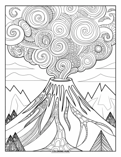 Coloriage de volcan pour adultes : Un volcan de style mandala avec des motifs tourbillonnants de lave et de fumée crée un design fascinant