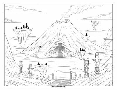 Coloriage de volcan pour adultes : Un volcan mystique avec des totems anciens et des îles flottantes, entouré d’un ciel paisible