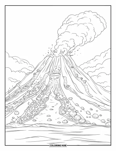 Coloriage de volcan pour adultes : Un volcan puissant entre en éruption, lançant de la fumée et des roches dans le ciel tandis que la lave coule dans l’eau