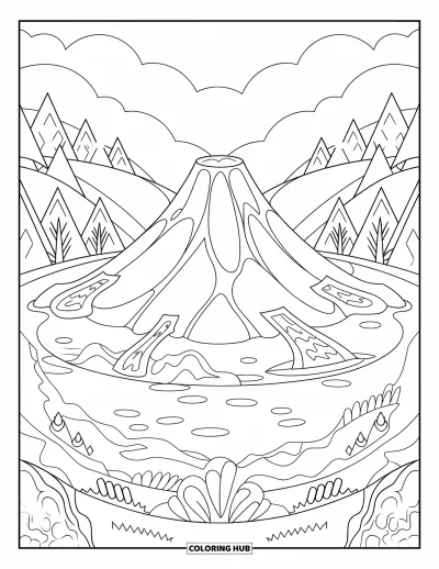 Coloriage de volcan pour adultes : Un volcan arrondi avec de douces coulées de lave se dresse à côté d’un lac serein et de collines