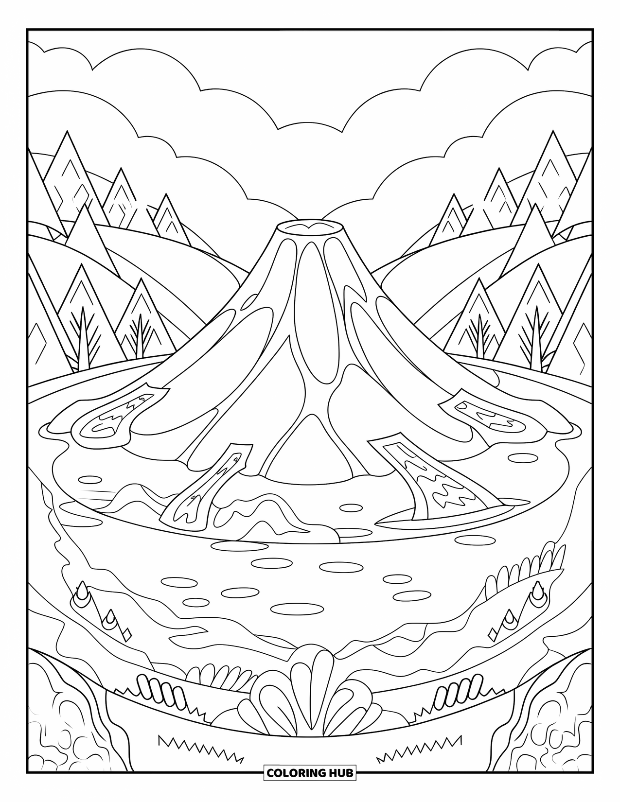 Volcano Coloring Page for Adults: A rounded volcano with gentle lava streams stands beside a serene lake and rolling hills