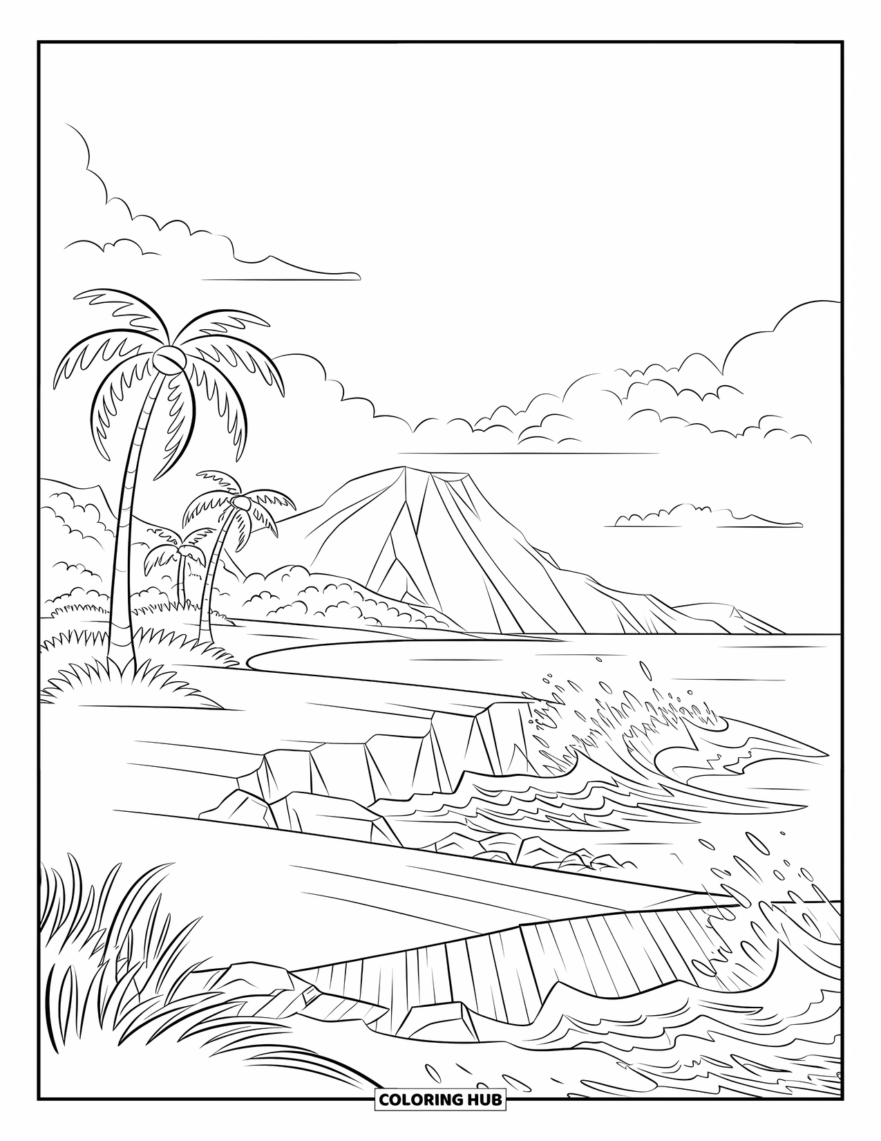 Volcano Coloring Page for Adults: A serene volcanic island landscape features a rocky shoreline, wooden dock, and gentle waves