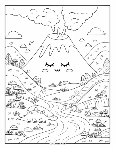 Coloriage de volcan pour adultes : Un volcan endormi libère une douce vapeur tandis qu’un bébé dinosaure fait la sieste à côté de collines