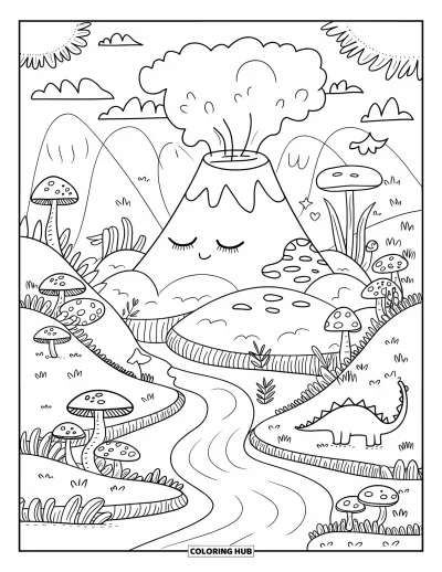 Coloriage de volcan pour adultes : Un volcan endormi avec une douce rivière et des collines se détend tandis qu’un bébé dinosaure somnole