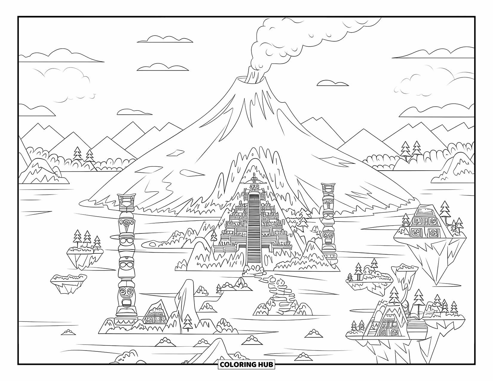 Volcano Coloring Page for Adults: A smoking volcano stands among floating islands, with totems and a hidden temple at its summit