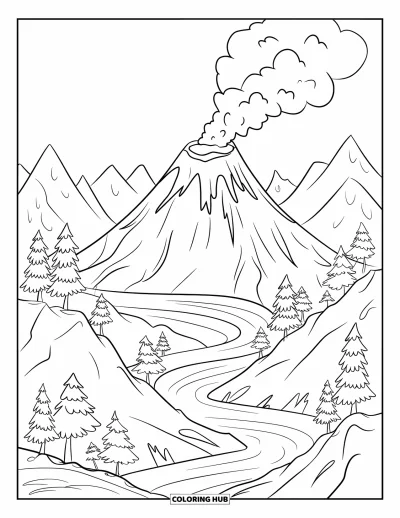 Coloriage de volcan pour adultes : Un volcan fumant se dresse dans un paysage montagneux, entouré de rivières sinueuses et d’arbres