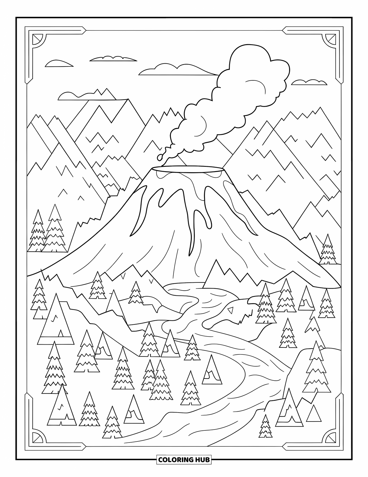 Volcano Coloring Page for Adults: A smoking volcano with a deep crater sits among mountains, rivers, and lush forest scenery