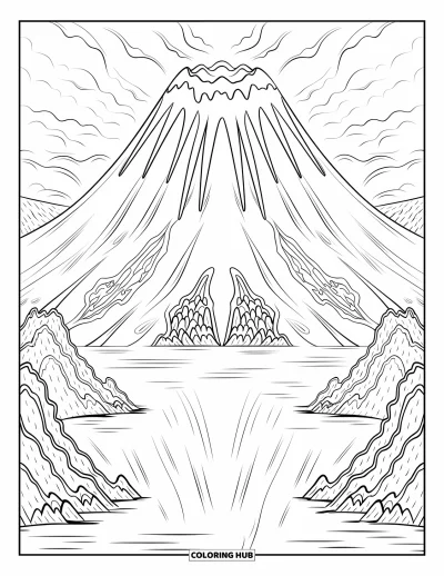 Coloriage de volcan pour adultes : Un volcan lisse et symétrique avec des coulées de lave se reflète dans un lac calme, entouré d’un terrain rocheux