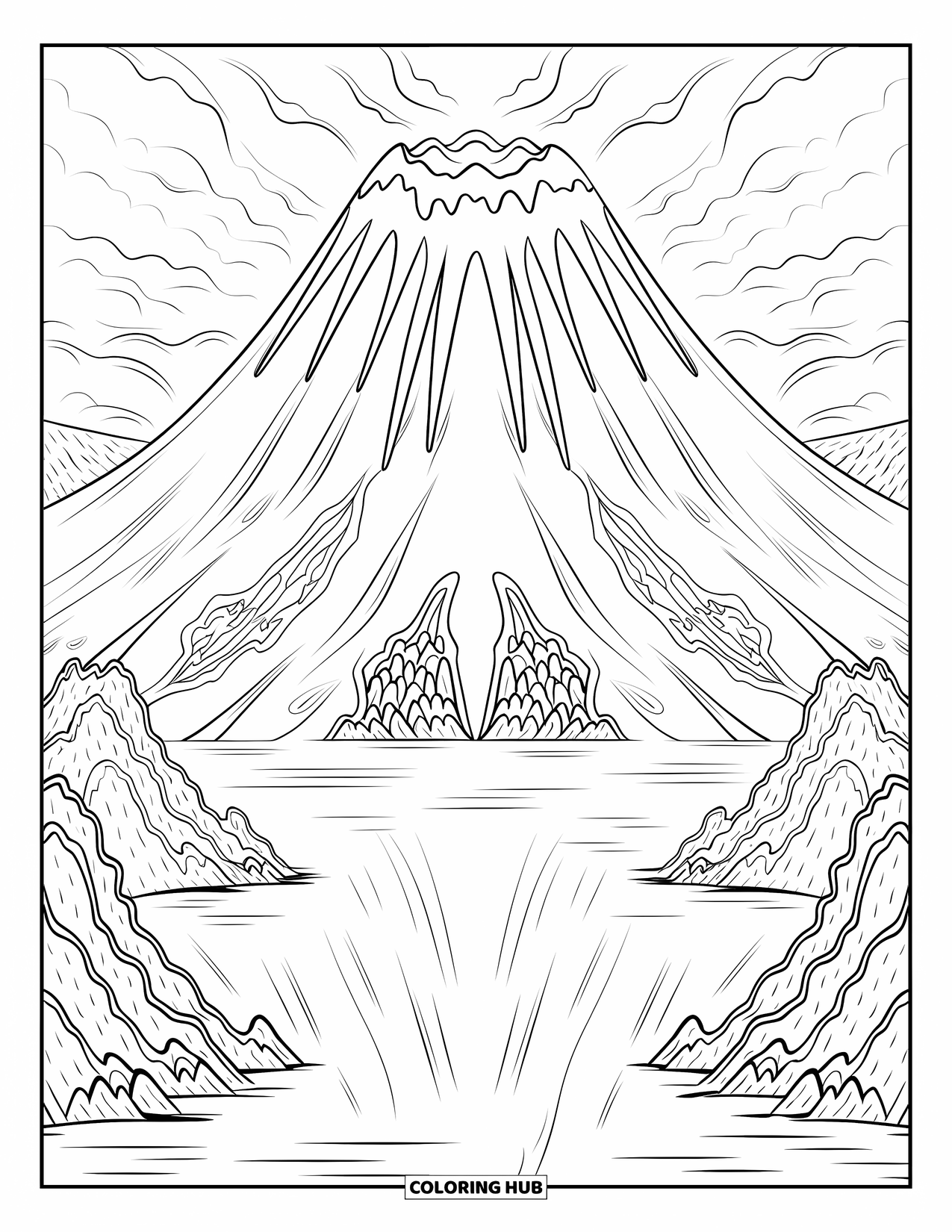 Volcano Coloring Page for Adults: A smooth, symmetrical volcano with lava streams reflects in a calm lake, surrounded by rocky terrain