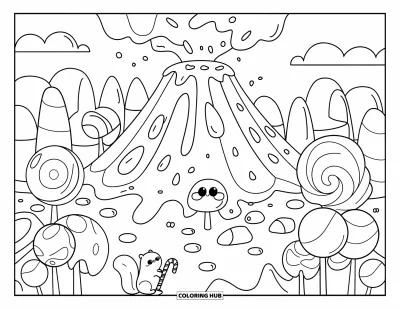 Coloriage de volcan pour adultes : Un volcan enrobé de sucre entre en éruption avec des bonbons fondus, niché parmi des sucettes et des nuages duveteux