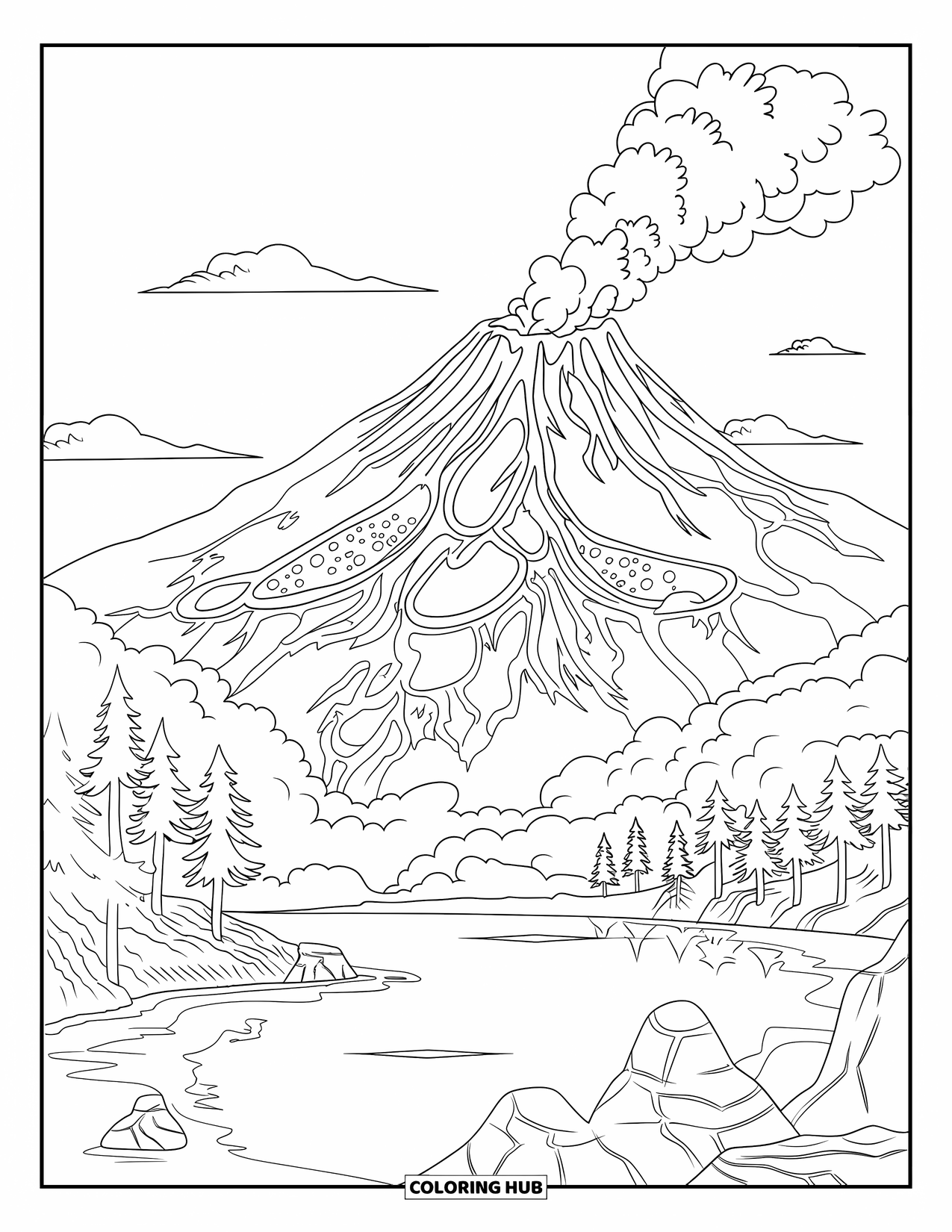 Volcano Coloring Page for Adults: A volcanic eruption sends lava down rocky slopes, reflecting in a nearby serene lake