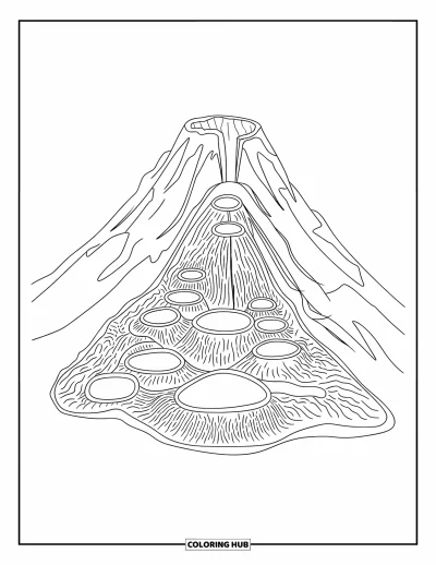 Coloriage de volcan pour adultes : Une coupe transversale du volcan montre des chambres magmatiques, des fissures et des couches de roche profondément sous la surface