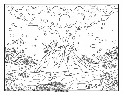 Coloriage de volcan pour adultes : Un volcan sous-marin entre en éruption, entouré de récifs coralliens, de bulles et de poissons nageant