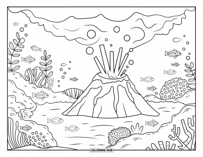 Coloriage de volcan pour adultes : La lave s’élève d’un volcan sous-marin tandis que des bulles flottent à travers un récif corallien vibrant