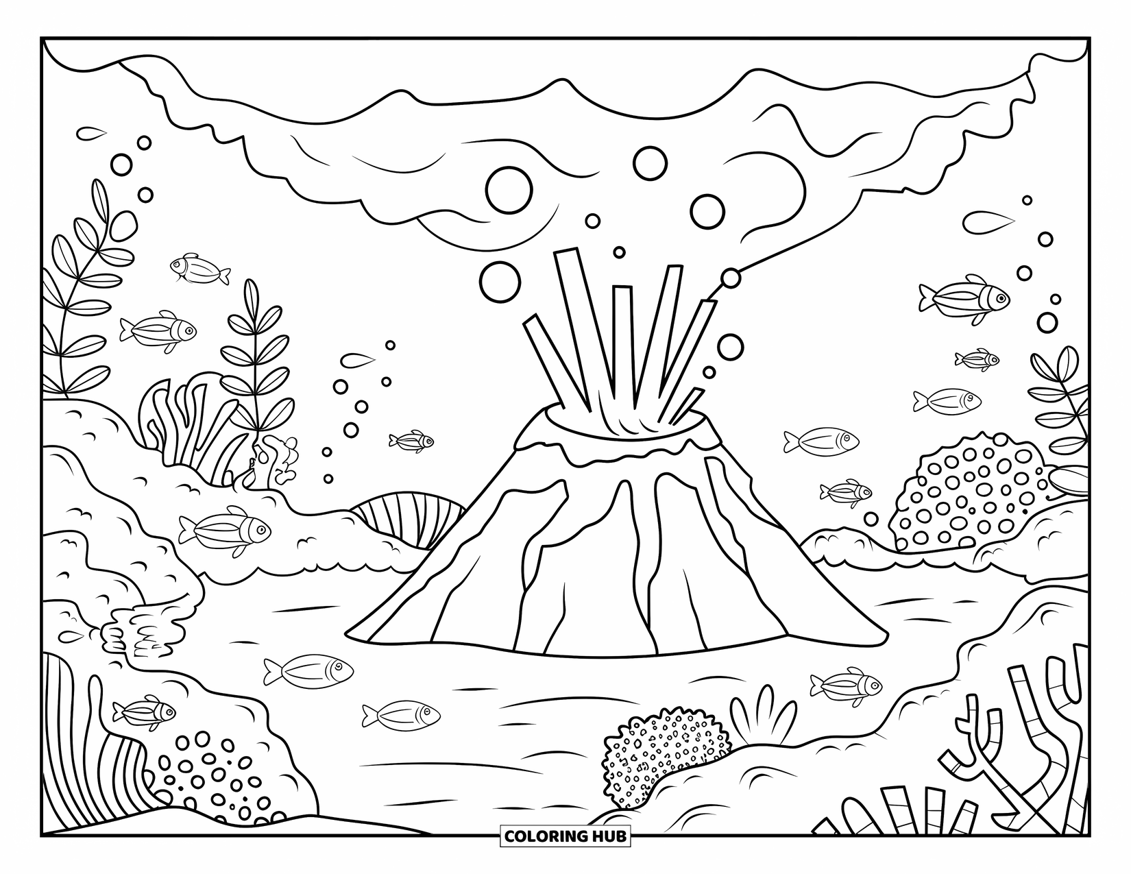Volcano Coloring Page for Adults: Lava rises from an underwater volcano as bubbles float through a vibrant coral reef
