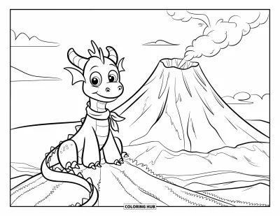 Coloriage de volcan pour enfants : Un dragon joyeux avec une écharpe est perché au sommet d’un volcan, regardant la douce fumée qui monte