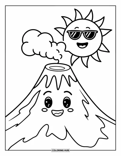 Coloriage de volcan pour enfants : Un volcan joyeux avec un visage heureux crache de la fumée tandis qu’un soleil avec des lunettes de soleil rayonne