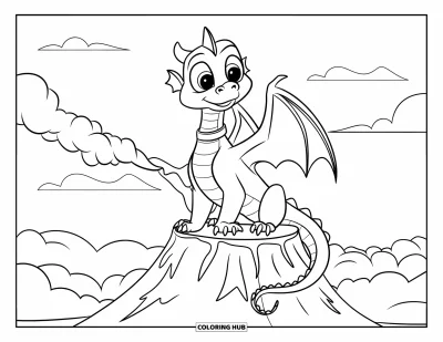Coloriage de volcan pour enfants : Un dragon mignon avec de grands yeux est assis sur un volcan tranquille, profitant de l’air chaud autour de lui