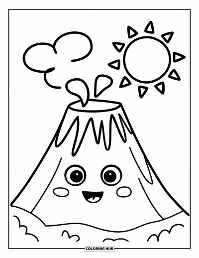 Coloriage de volcan pour enfants : Un mignon volcan souffle un petit nuage de fumée tandis qu'un soleil souriant brille au-dessus
