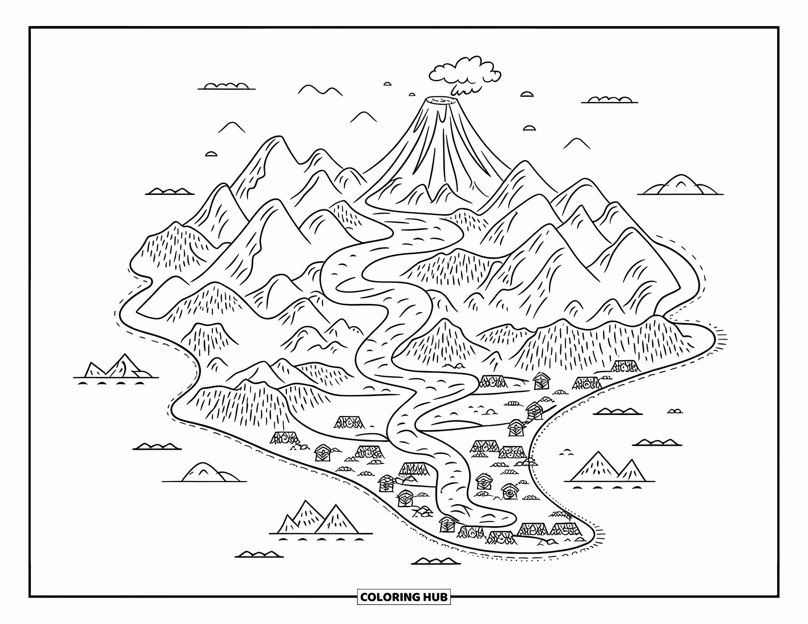 Volcano Coloring Page for Kids: A detailed island map showcases a central volcano, winding rivers, and tiny huts along the shore