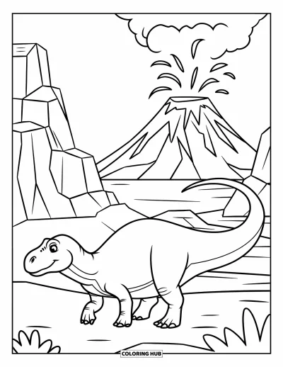 Coloriage de volcan pour enfants : Un dinosaure erre dans un paysage volcanique tandis que des coulées de lave et des nuages de cendres remplissent le ciel