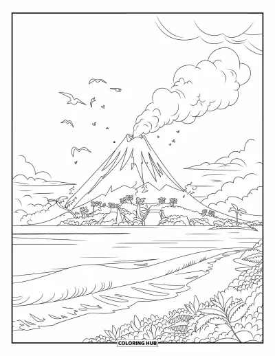 Coloriage de volcan pour enfants : Un volcan lointain fume au-dessus d'une végétation luxuriante pendant que des oiseaux survolent une île tropicale paisible