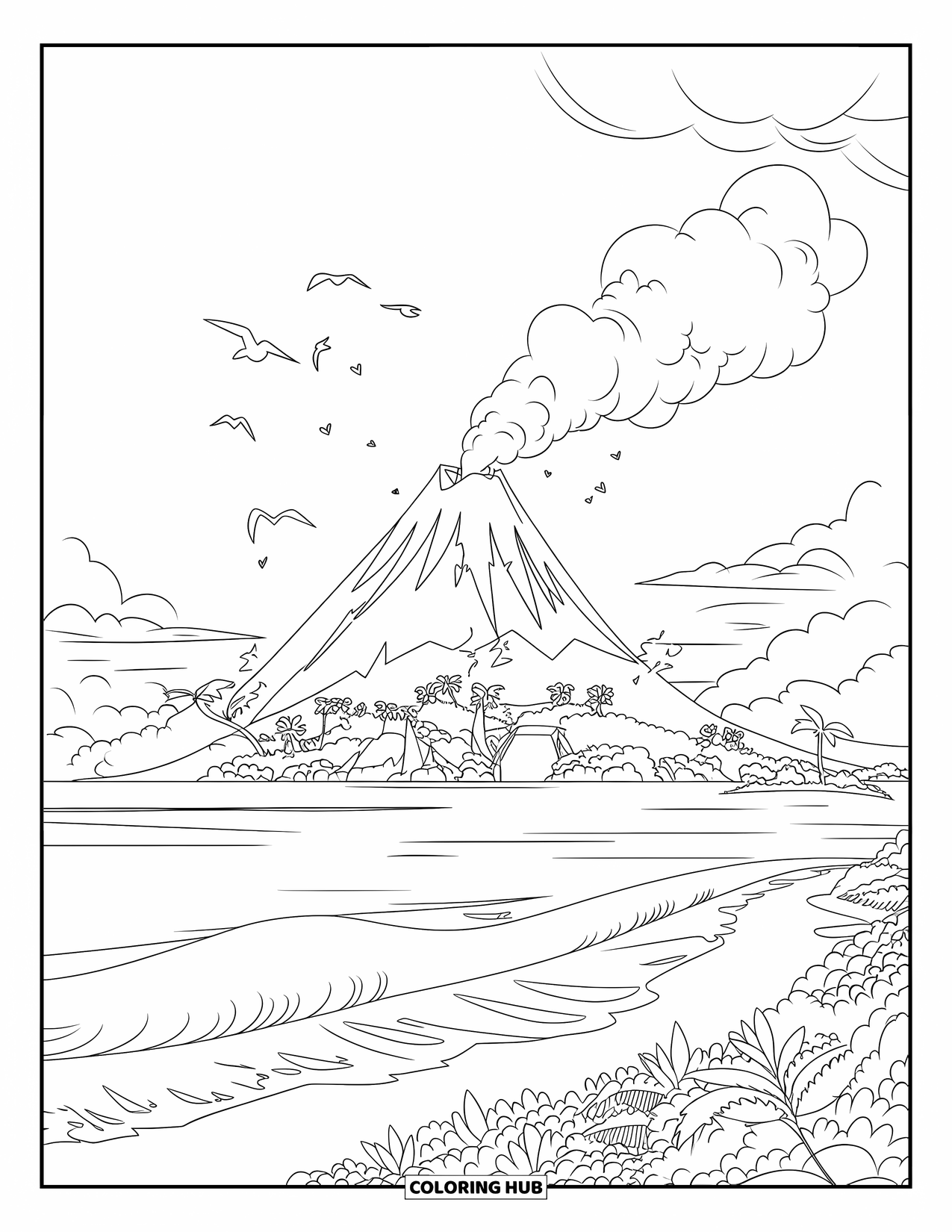 Volcano Coloring Page for Kids: A distant volcano smokes above lush greenery as birds fly over a calm tropical island