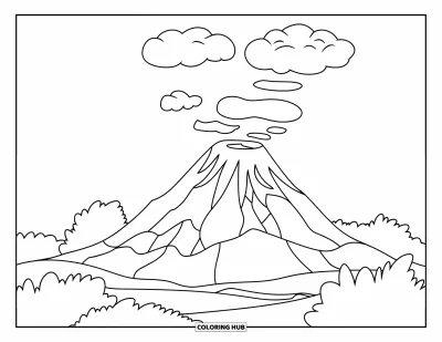 Coloriage de volcan pour enfants : Un volcan dormant repose tranquillement, entouré de buissons et de collines sous un ciel dégagé