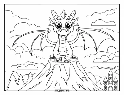 Coloriage de volcan pour enfants : Un dragon amical portant une couronne est assis sur un volcan dormant, regardant la fumée s’élever du cratère