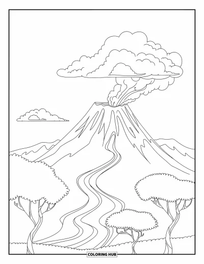 Coloriage de volcan pour enfants : Un volcan amical avec de la lave qui coule repose parmi de fins arbres et des nuages duveteux