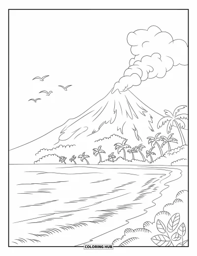 Coloriage de volcan pour enfants : Un volcan qui fume doucement se dresse au-dessus d'une île tropicale, avec des vagues venant lécher le rivage sablonneux