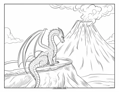 Coloriage de volcan pour enfants : Un dragon géant est perché sur le bord d’un volcan, regardant la lave bouillonnante en contrebas