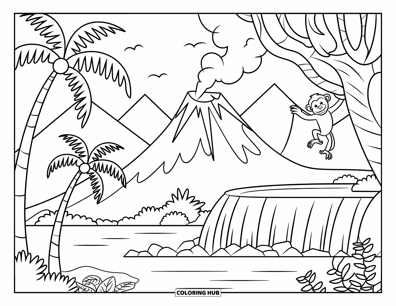Volcano Coloring Page for Kids: A jungle volcano towers over palm trees, a waterfall, and a monkey swinging from a branch