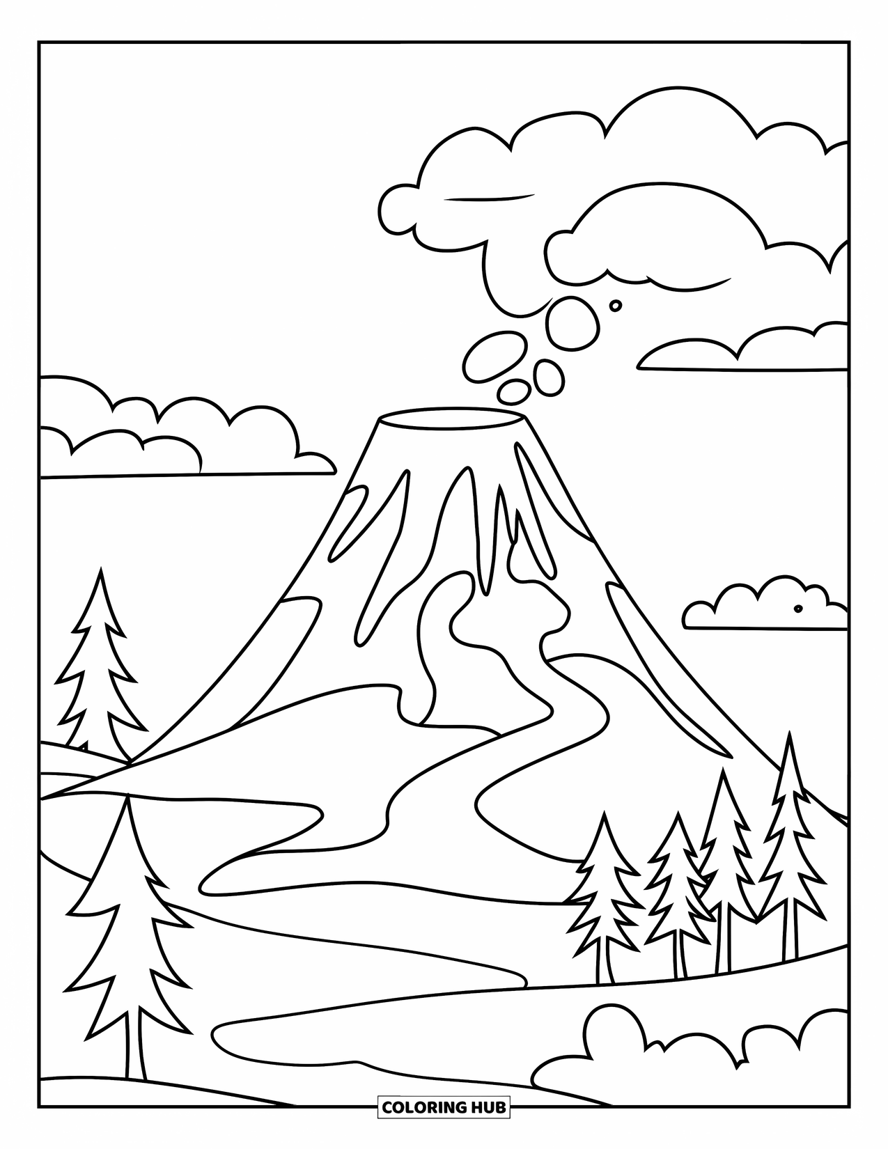 Volcano Coloring Page for Kids: A large volcano with a smooth lava flow is surrounded by fluffy clouds and a few trees