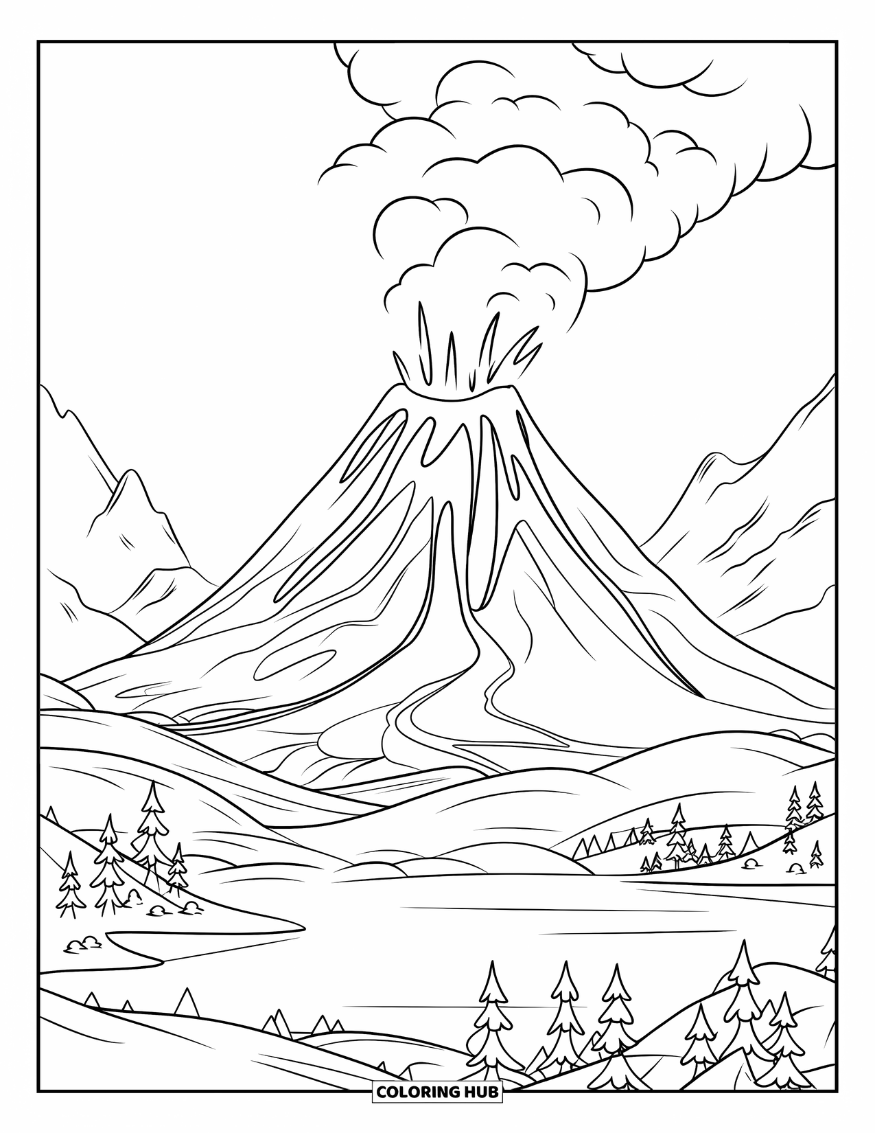 Volcano Coloring Page for Kids: A massive volcano erupts dramatically, sending lava and ash into the sky over a peaceful landscape
