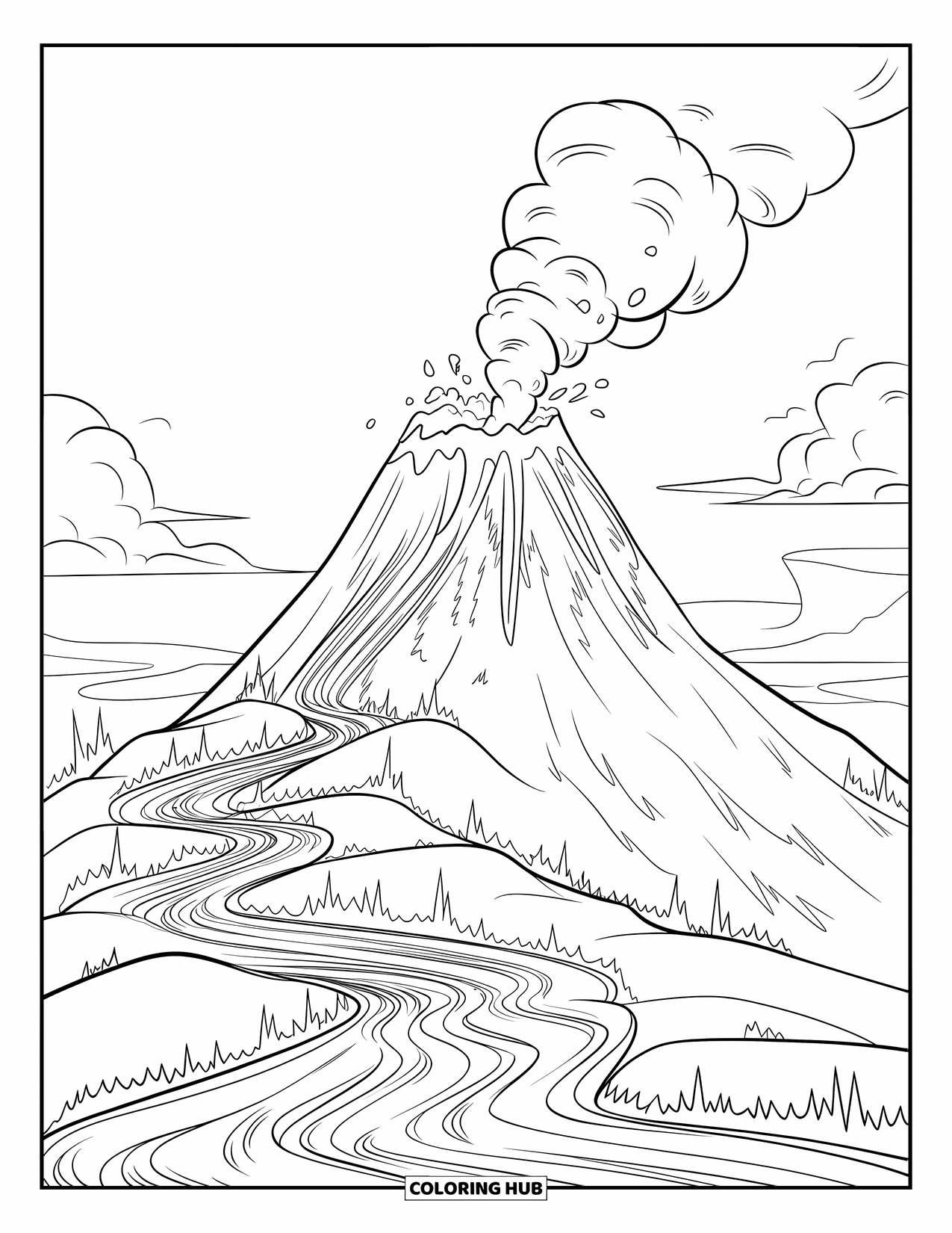Volcano Coloring Page for Kids: A massive volcano spews lava and smoke, with fiery streams twisting down the mountainside