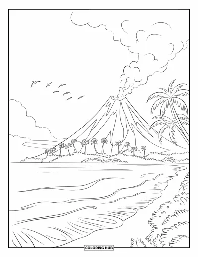Coloriage de volcan pour enfants : Un volcan d’île paisible crache de la fumée tandis que les vagues clapotent sur le rivage sous un ciel dégagé