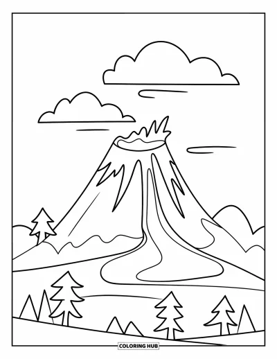 Coloriage de volcan pour enfants : Un volcan paisible libère une lente coulée de lave, avec des nuages gonflés flottant à proximité