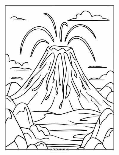 Coloriage de volcan pour enfants : Un volcan enjoué envoie des coulées de lave sur ses pentes, avec un arrière-plan facile à colorier