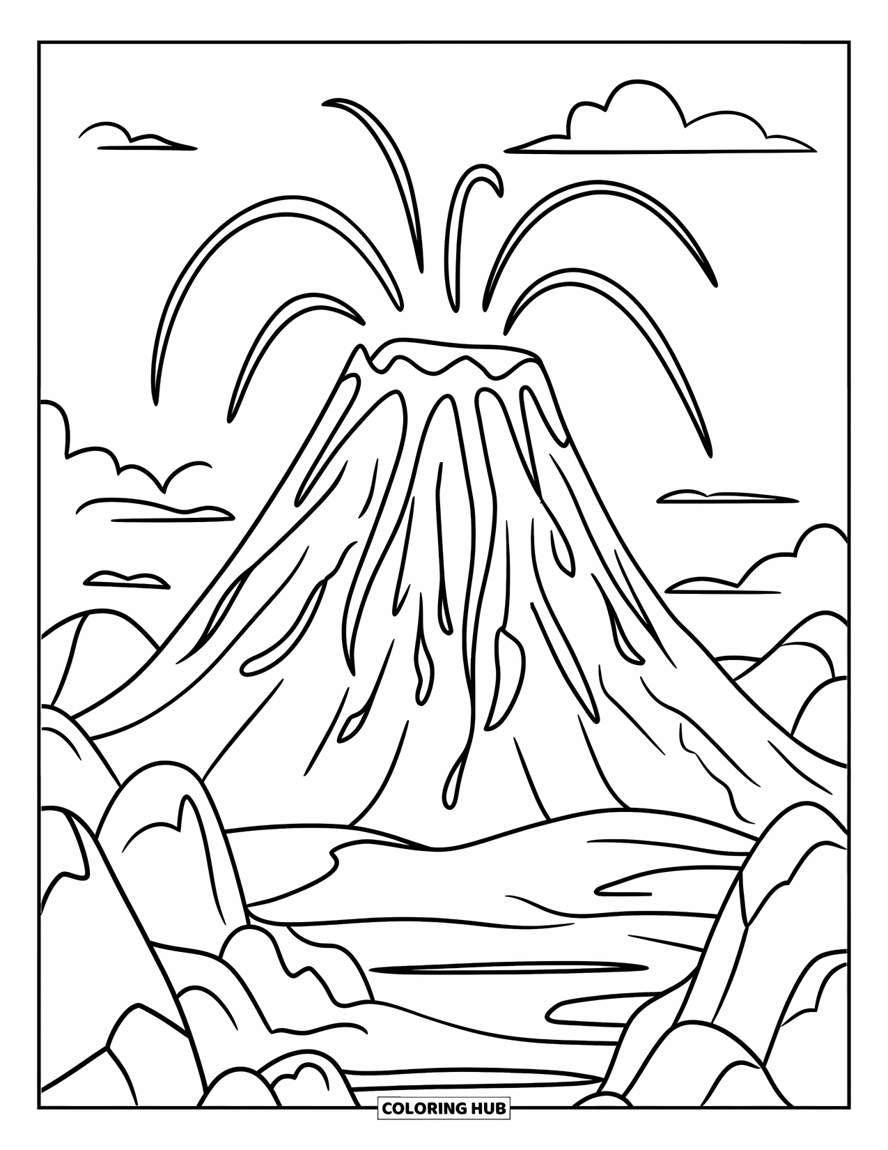 Volcano Coloring Page for Kids: A playful volcano sends streams of lava down its slopes, with an easy-to-color background