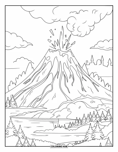 Coloriage de volcan pour enfants : Un volcan puissant entre en éruption, entouré d’arbres et d’une étendue d’eau, avec une silhouette de château à proximité
