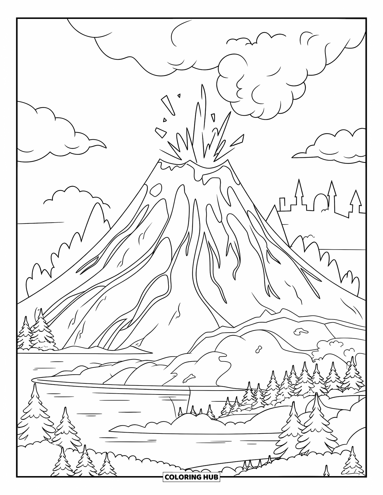 Volcano Coloring Page for Kids: A powerful volcano erupts, surrounded by trees and a body of water, with a castle silhouette nearby
